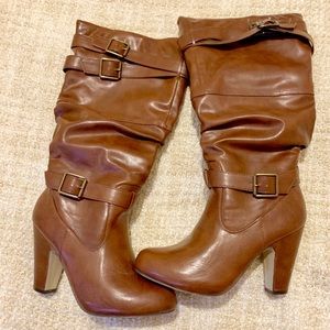 Slouched Leather Cognac Block Heel Boots